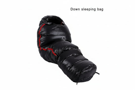 A black down sleeping bag with red accents on a white background