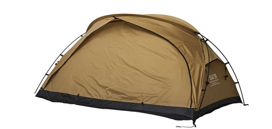 Brown tent with SWS branding on a white background