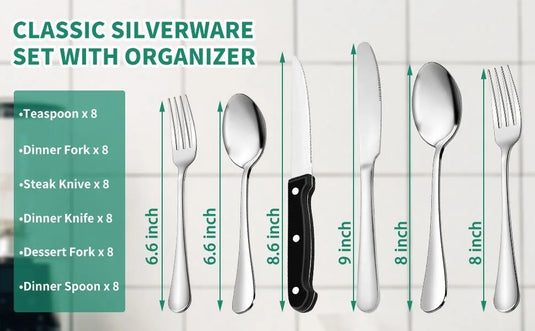 49-Piece Stainless Steel Silverware Set with Cutlery Organizer, Service for 8 with Steak Knives and Kitchen Utensils