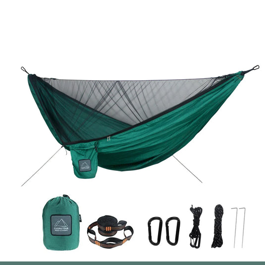 Green camping hammock with accessories on a white background