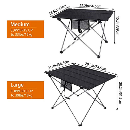 Dimensions of two sizes of a portable folding table with weight capacity labels.