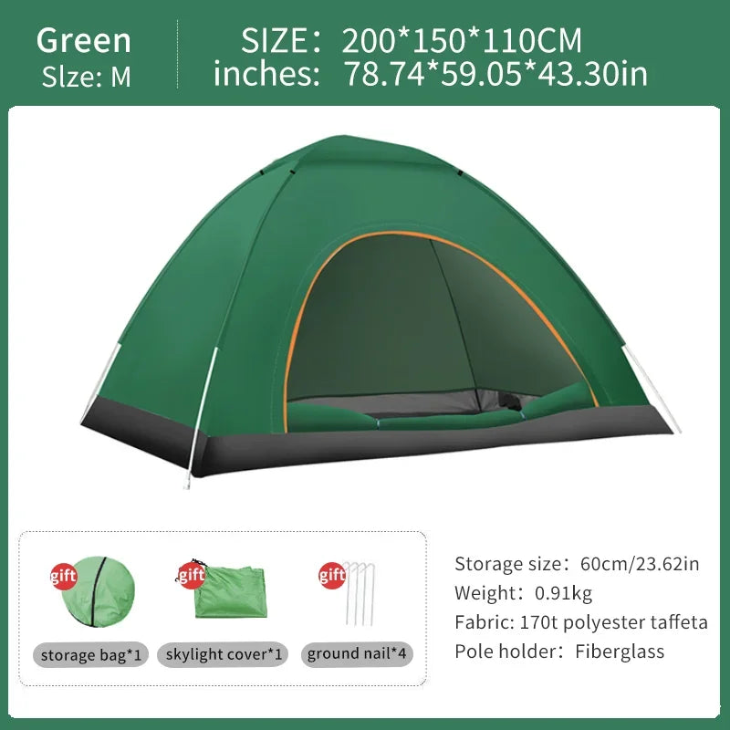 Load image into Gallery viewer, Green camping tent with size and feature details on a white background
