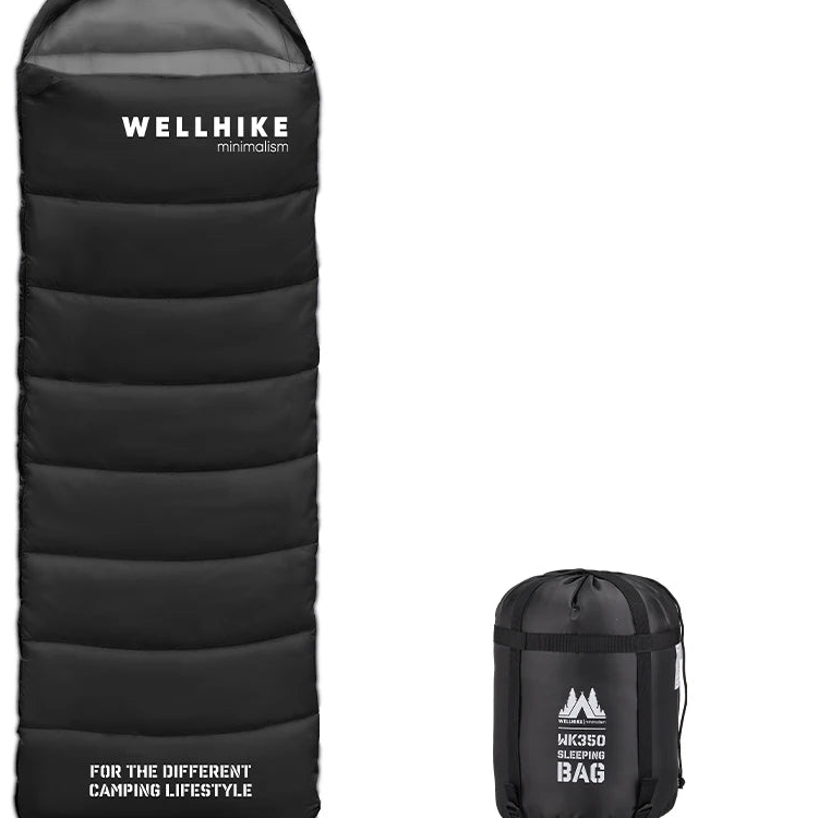 Load image into Gallery viewer, Black sleeping bag with Wellhike branding on a white background
