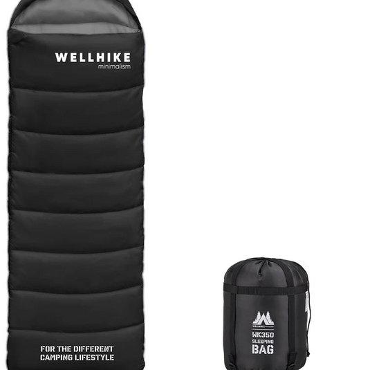 Black sleeping bag with Wellhike branding on a white background