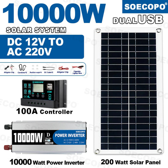 10000W Solar System Complete Kit | 200W Panel 100A Controller Inverter | Off-Grid Home Camping Power