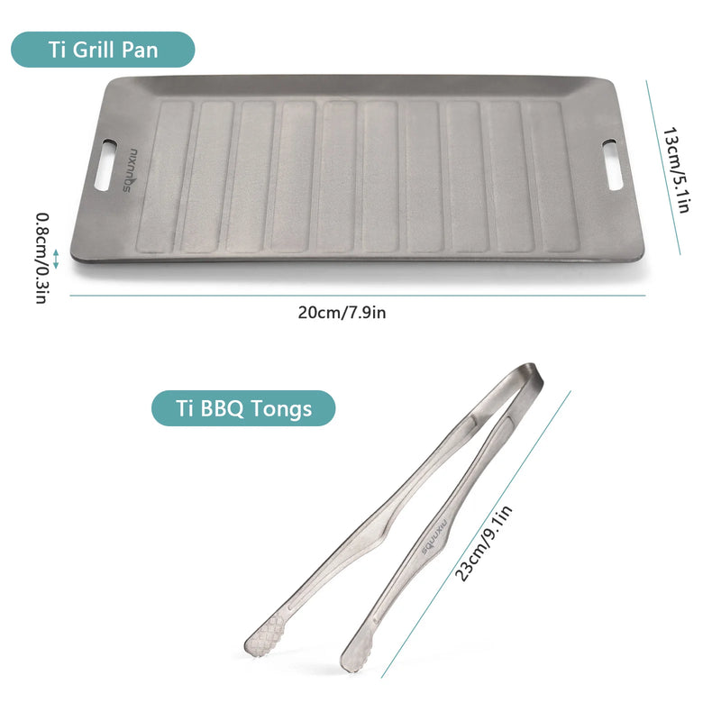 Load image into Gallery viewer, Titanium Camping Grill Pan &amp; BBQ Tongs Set | Non-Stick Outdoor Cookware | Solo Camp Cooking
