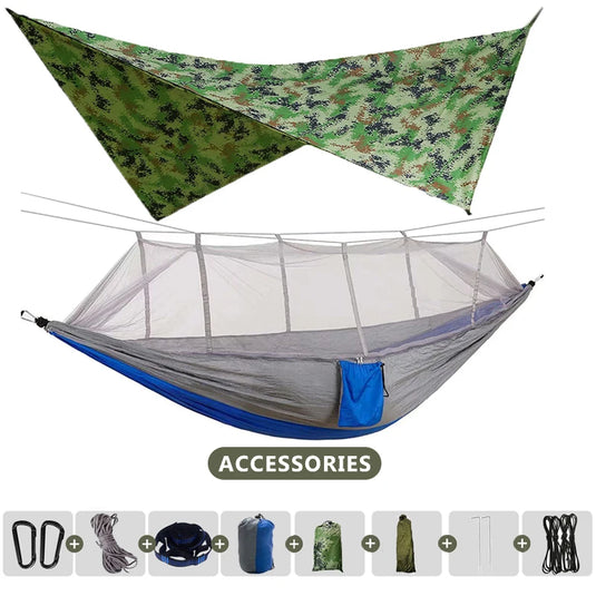 Double Camping Hammock with Mosquito Net & Rain Fly – 260x140cm Lightweight Parachute Hammock for Travel & Hiking