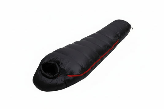 Black sleeping bag with red trim on a white background