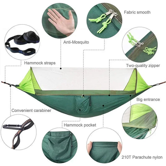Camping Hammock with Mosquito Net and Rain Fly – 2-Person Portable Outdoor Hammock for Backpacking, Travel, Survival