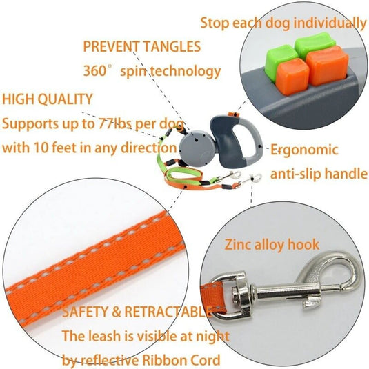 Double Retractable Dog Leash Heavy-Duty, Tangle-Free Walking for Two Dogs (Up to 50lbs Each)