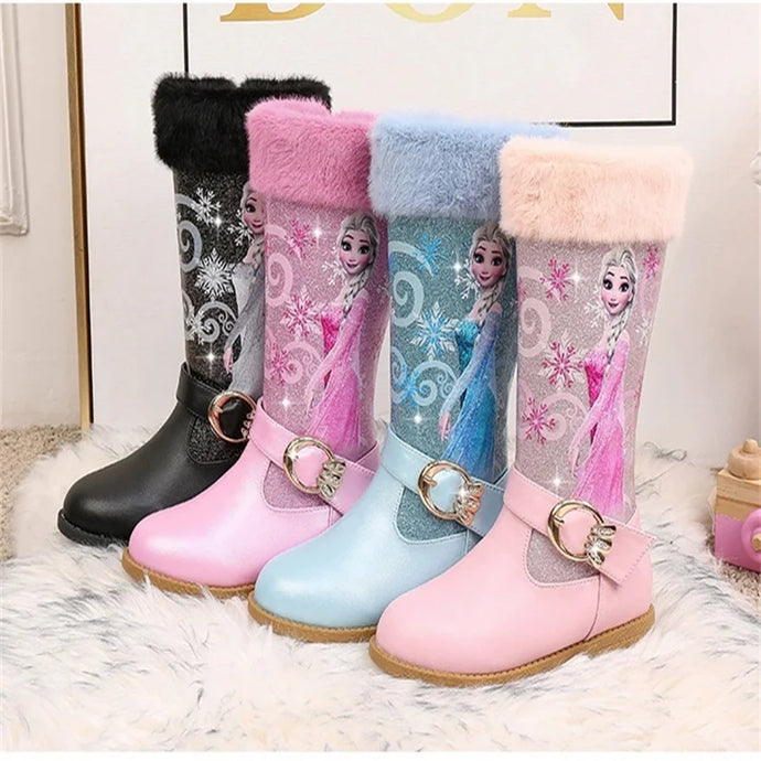 Disney Elsa Princess Kids High Boots Girls Winter Warm Plush Snow Boots Frozen Print Children's Over The Knee Boots Size 25-36