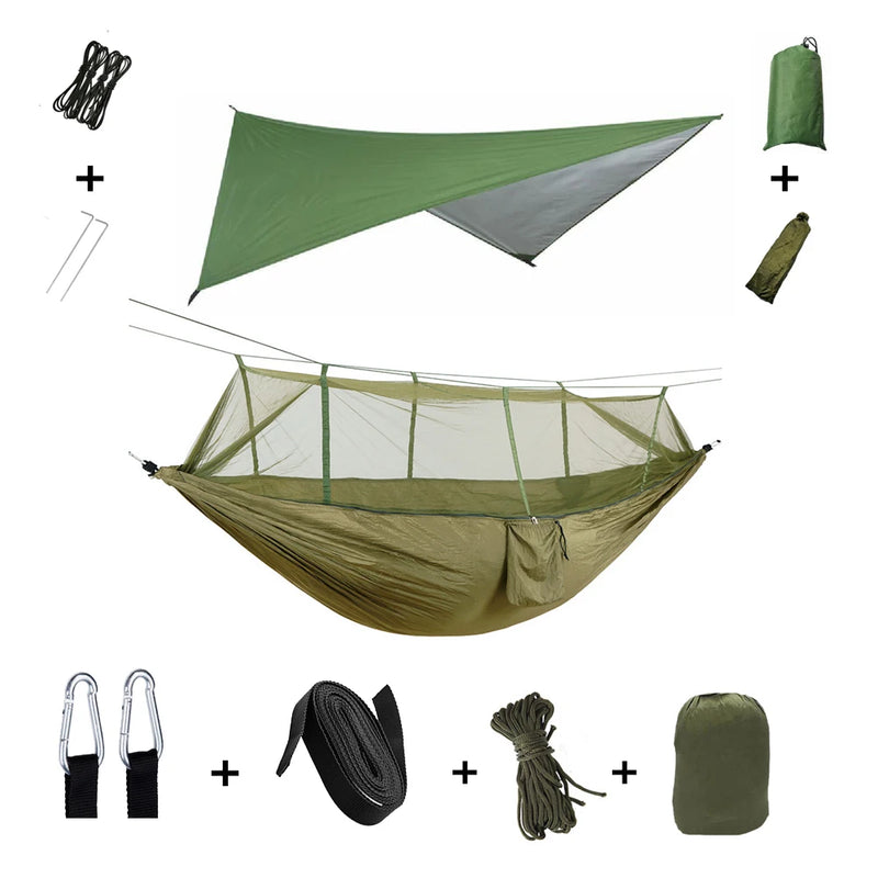 Load image into Gallery viewer, 2-in-1 Hammock with Mosquito Net &amp; Rain Tarp – Portable Survival Shelter for Camping &amp; Outdoor Use
