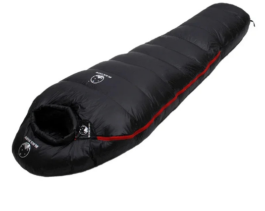 Black sleeping bag with red trim on a white background, showing filled down weight and sleeping bag weight information.