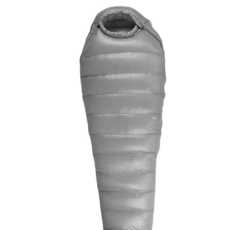 Load image into Gallery viewer, Gray sleeping bag on a white background with text indicating filling weight and sleeping bag weight.
