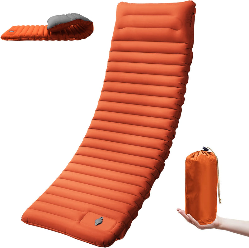 Load image into Gallery viewer, Orange inflatable camping mat with a hand holding its carrying bag on a white background
