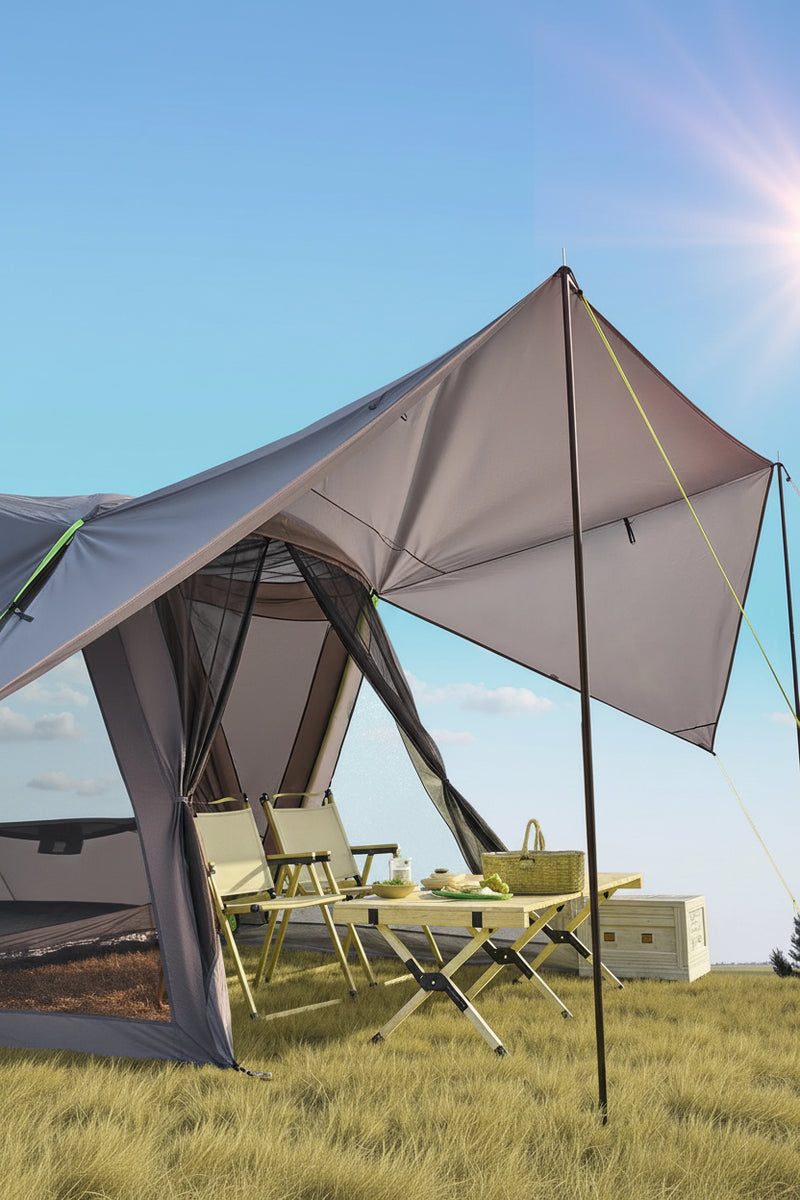 Load image into Gallery viewer, Camping tent with extended shading space in an outdoor setting
