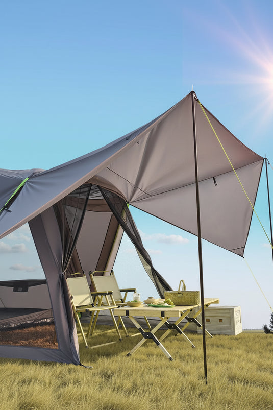 Camping tent with extended shading space in an outdoor setting