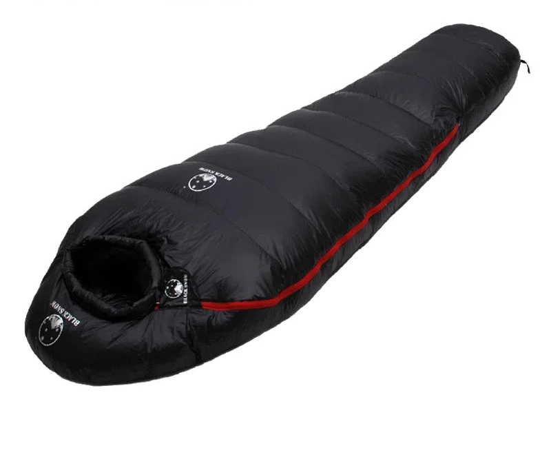 Load image into Gallery viewer, Black sleeping bag with red trim on a white background, featuring weight information.
