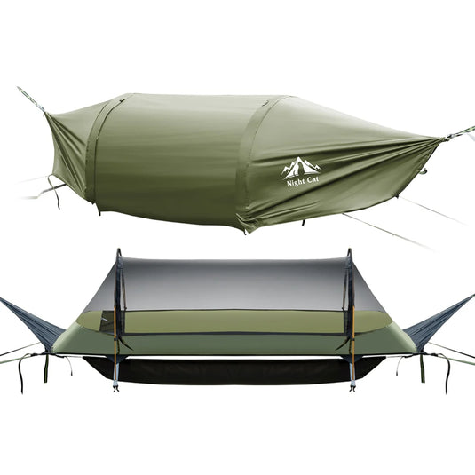 Green camping hammock with mesh side on a white background