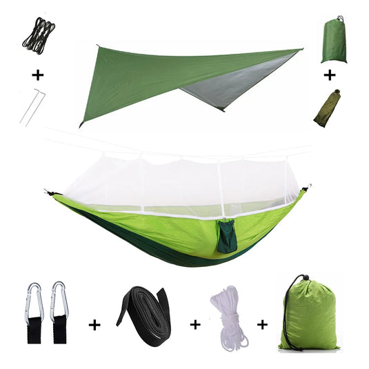 2-in-1 Hammock with Mosquito Net & Rain Tarp – Portable Survival Shelter for Camping & Outdoor Use