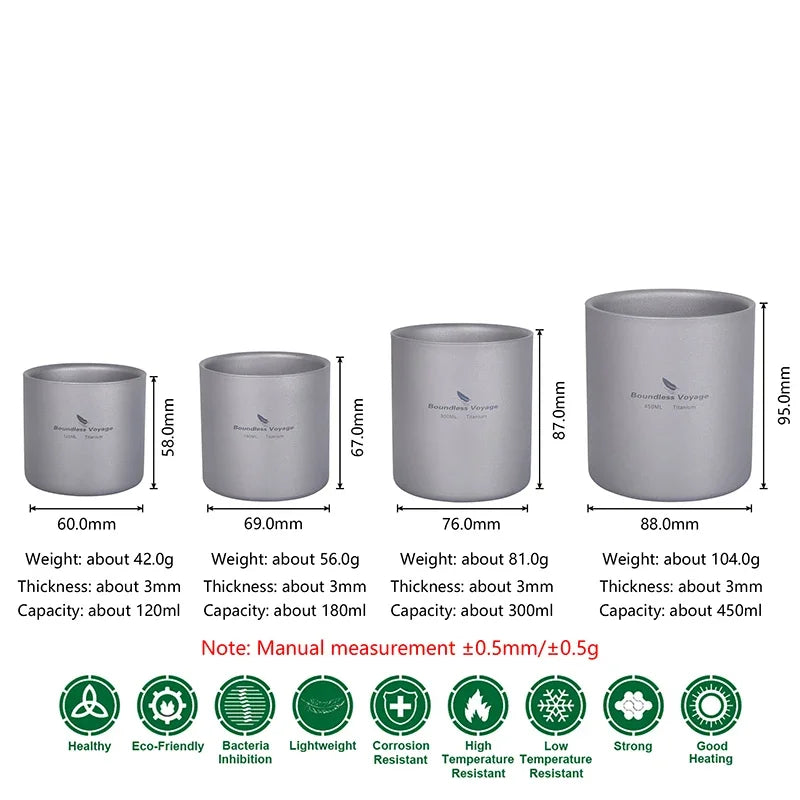 Load image into Gallery viewer, Titanium Double Wall Camp Cup Set | 120ml–450ml Insulated Teacup Coffee Mug | Outdoor Tableware
