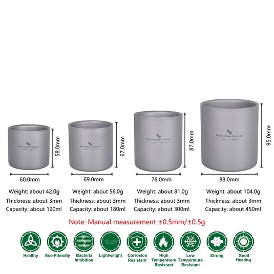 Titanium Double Wall Camp Cup Set | 120ml–450ml Insulated Teacup Coffee Mug | Outdoor Tableware