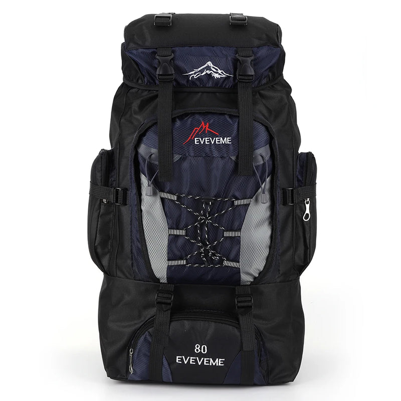 Load image into Gallery viewer, Black and blue hiking backpack with 'EVEVEM' branding on a white background
