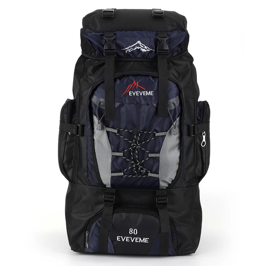 Black and blue hiking backpack with 'EVEVEM' branding on a white background