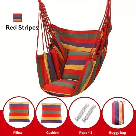 Heavy-Duty Canvas Hammock Chair – 200KG Capacity, Striped Design, with Storage Bag
