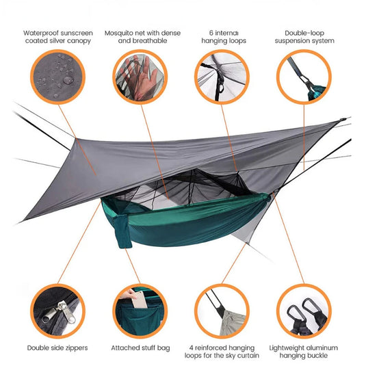 Double Camping Hammock with Mosquito Net & Rain Fly – 260x140cm Lightweight Parachute Hammock for Travel & Hiking