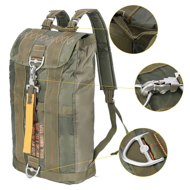 Load image into Gallery viewer, Green backpack with detailed views of zippers and straps on a white background
