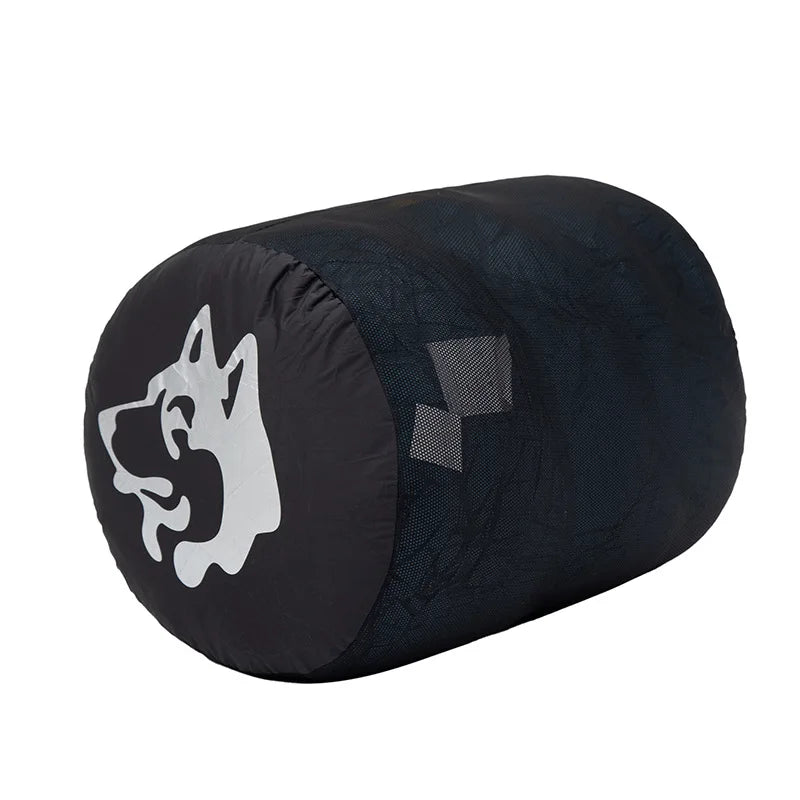 Load image into Gallery viewer, Black sleeping bag with a logo on a white background
