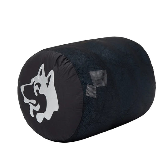 Black sleeping bag with a logo on a white background