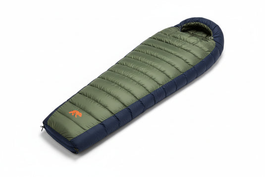 Green and purple sleeping bag with a brand logo on a white background