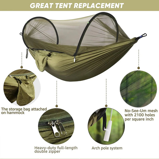 Camping hammock with features highlighted on a beige background