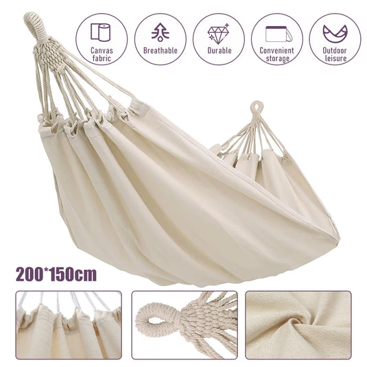 White Canvas Camping Hammock – 150×190cm Double Swing Bed (No Stick Design)