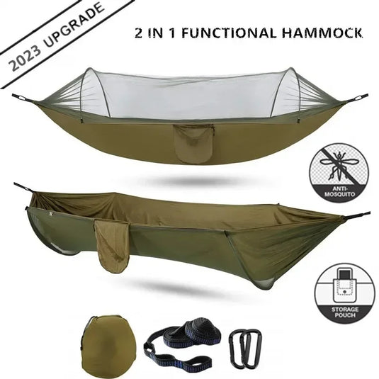 2023 Lightweight Camping Hammock with Pop-Up Mosquito Net – Portable Parachute Hammock for Outdoor Sleeping, Travel & Hiking