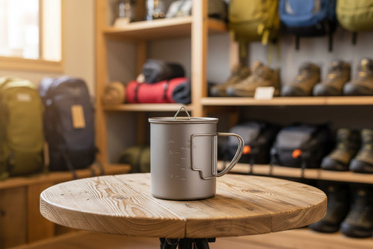Titanium mug with measurement markings on a white background