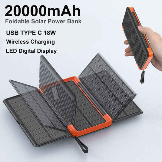 20000mAh Solar Power Bank | Qi Wireless Charger | 3-Panel Folding Powerbank with Flashlight