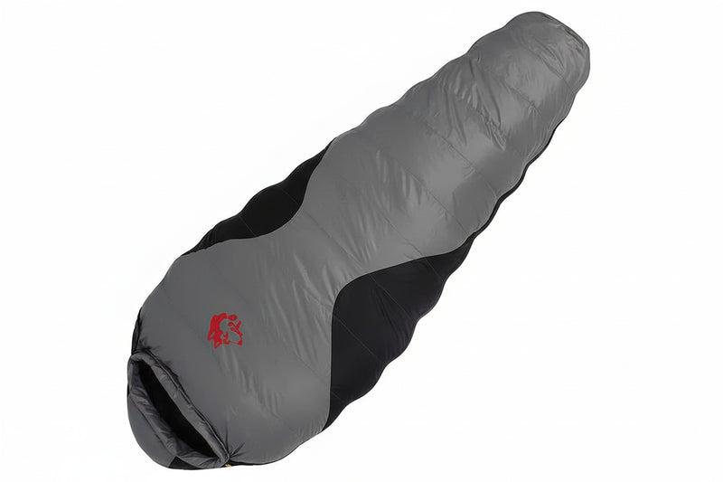Load image into Gallery viewer, Gray sleeping bag with black interior and red logo on a white background
