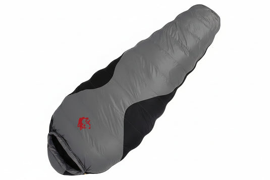 Gray sleeping bag with black interior and red logo on a white background
