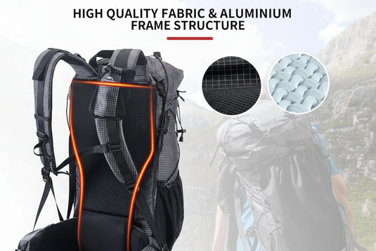 Black backpack with orange accents on a white background, featuring text about high-quality fabric and aluminium frame structure.