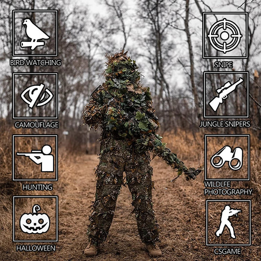 Hunting Ghillie Suit 3D Leafy Camo Military and Shooting Accessories Tactical Gear Clothing for Airsoft Wildlife Photography