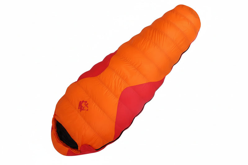 Load image into Gallery viewer, Orange and red sleeping bag with specifications on a white background
