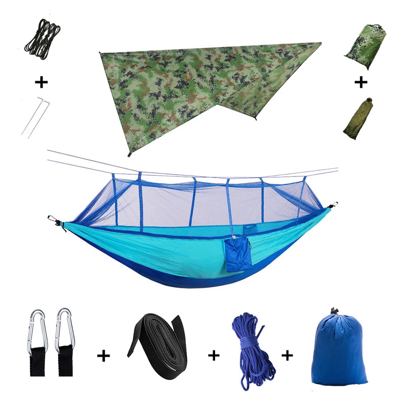 Load image into Gallery viewer, 2-in-1 Hammock with Mosquito Net &amp; Rain Tarp – Portable Survival Shelter for Camping &amp; Outdoor Use
