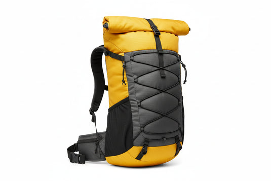 Yellow and gray backpack with Hikebarger branding on a white background