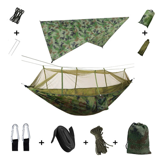 2-in-1 Hammock with Mosquito Net & Rain Tarp – Portable Survival Shelter for Camping & Outdoor Use