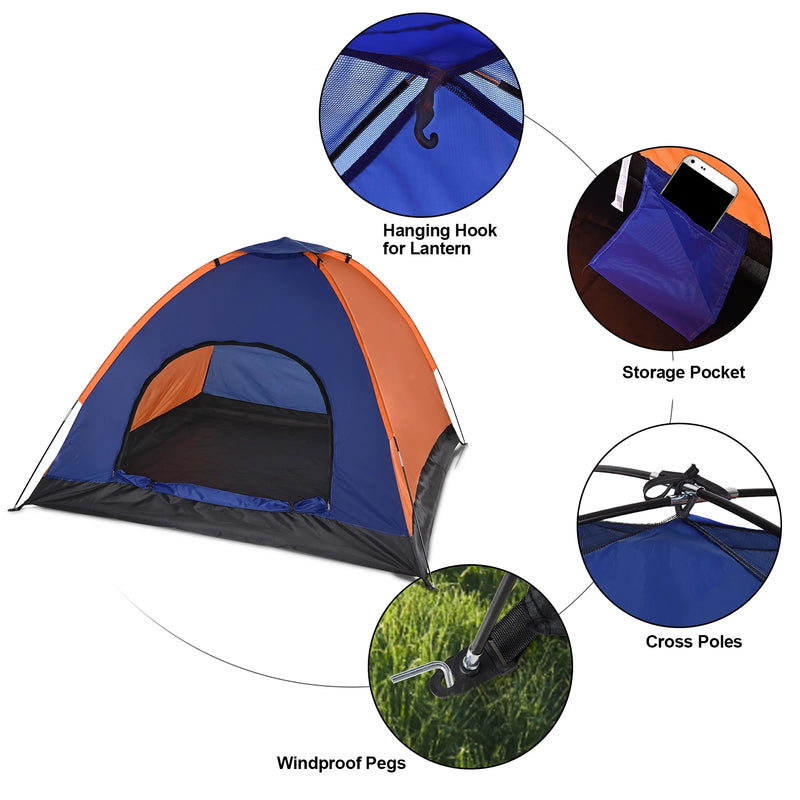 Load image into Gallery viewer, Blue and orange tent with features highlighted on a white background
