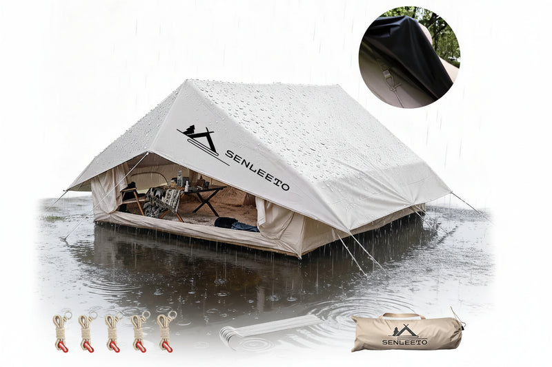 Load image into Gallery viewer, Senleeezo tent with rainproof cover and accessories on a wet surface, featuring the brand name.
