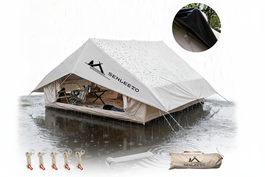 Senleeezo tent with rainproof cover and accessories on a wet surface, featuring the brand name.